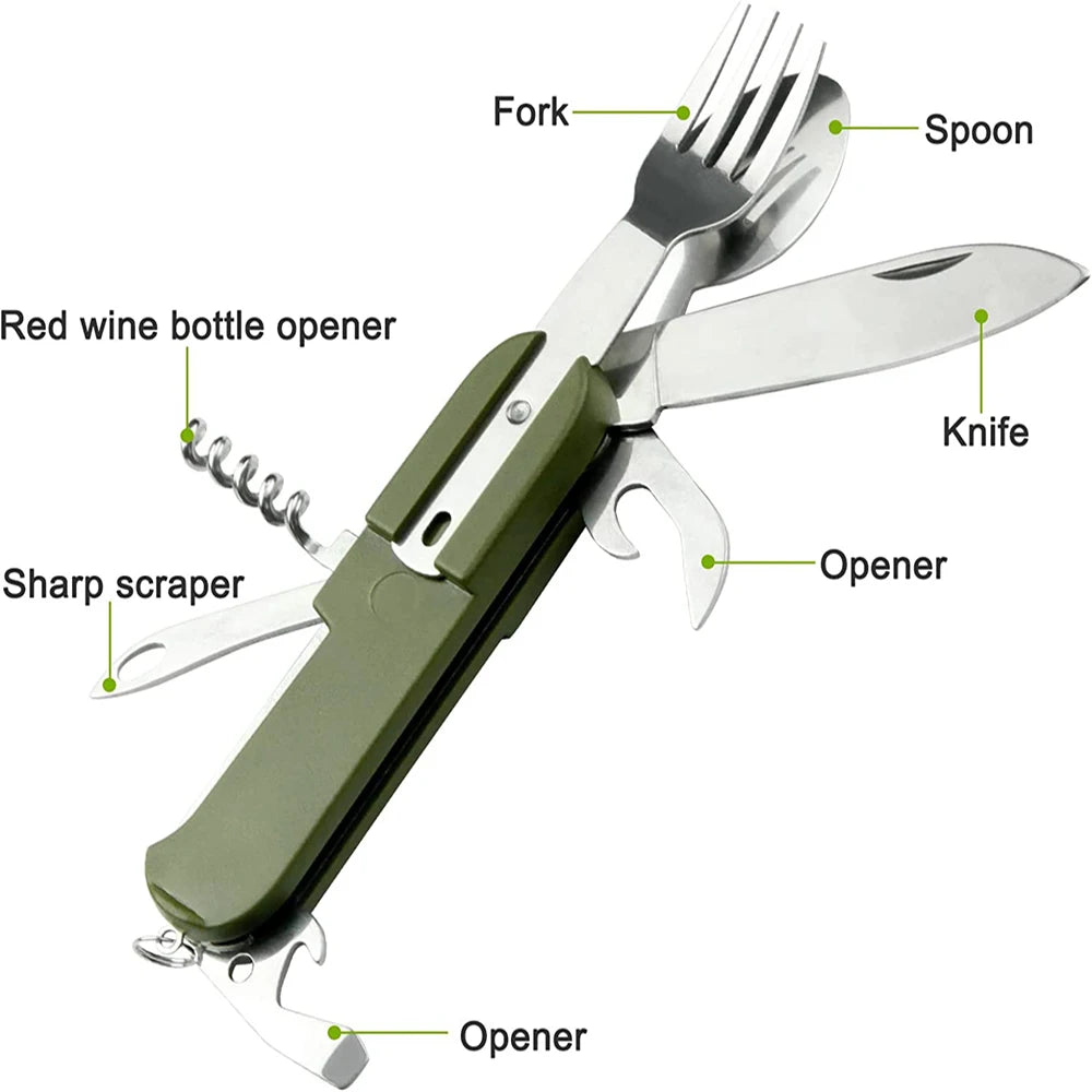 7 In 1 Camping Picnic Cutlery Knife Stainless Steel Fork Spoon Bottle Opener Flatware Tableware Travel Kit Pocket Fork Spoon