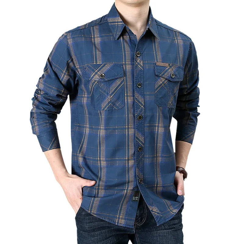 Men's Autumn Plaid Striped Long-sleeved Shirts US Hot Sale  Casual Button Down Quick Dry Cargo Outdoor Hiking Safari Work Shirts