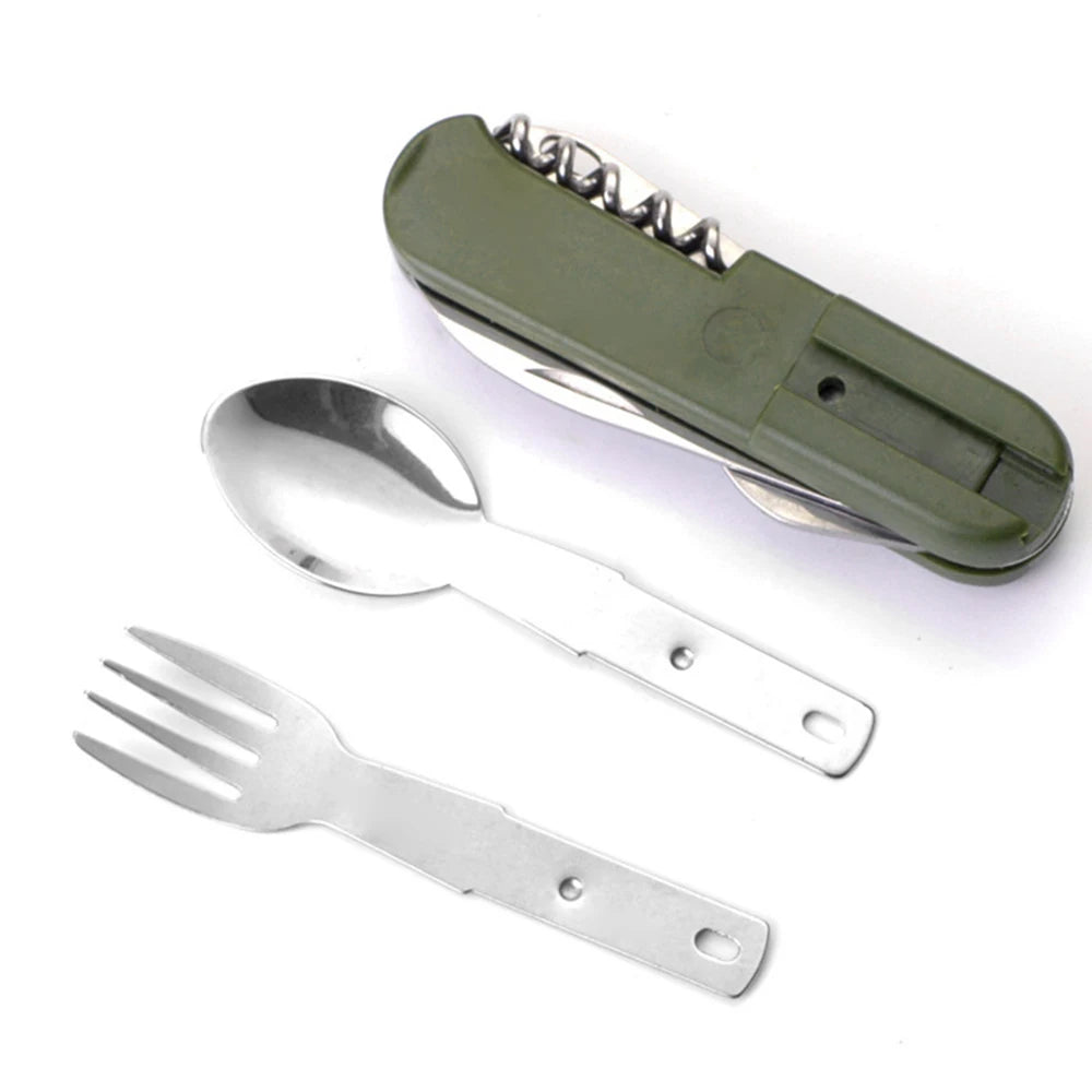 7 In 1 Camping Picnic Cutlery Knife Stainless Steel Fork Spoon Bottle Opener Flatware Tableware Travel Kit Pocket Fork Spoon