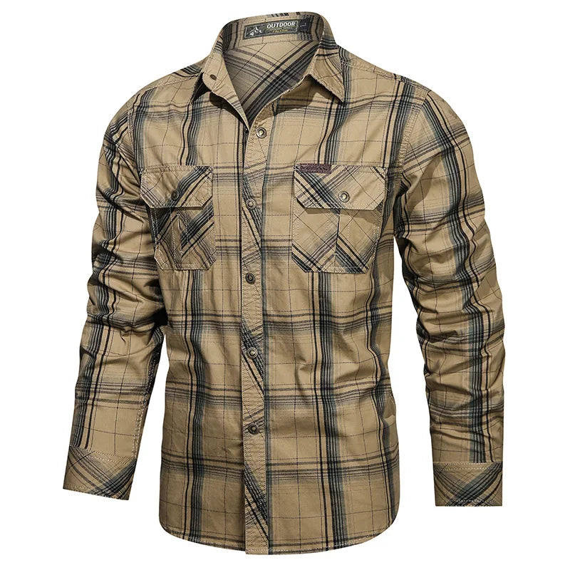 Men's Autumn Plaid Striped Long-sleeved Shirts US Hot Sale  Casual Button Down Quick Dry Cargo Outdoor Hiking Safari Work Shirts